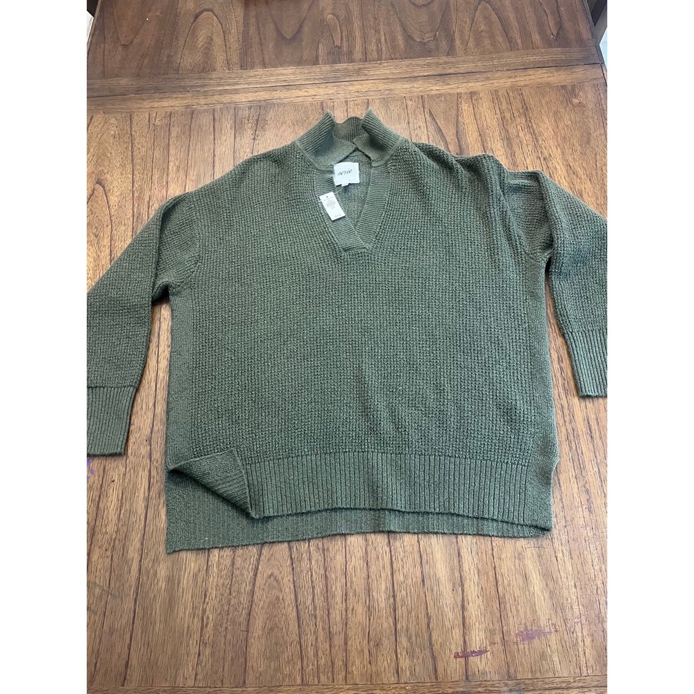 Aerie Women XS Olive Green Waffle Knit Mock Neck V-Neck Oversized Sweater NWT